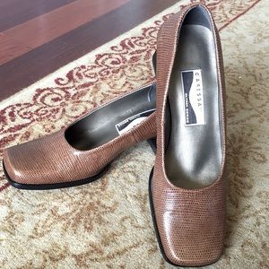 Caressa brown snakeskin leather square toe heels